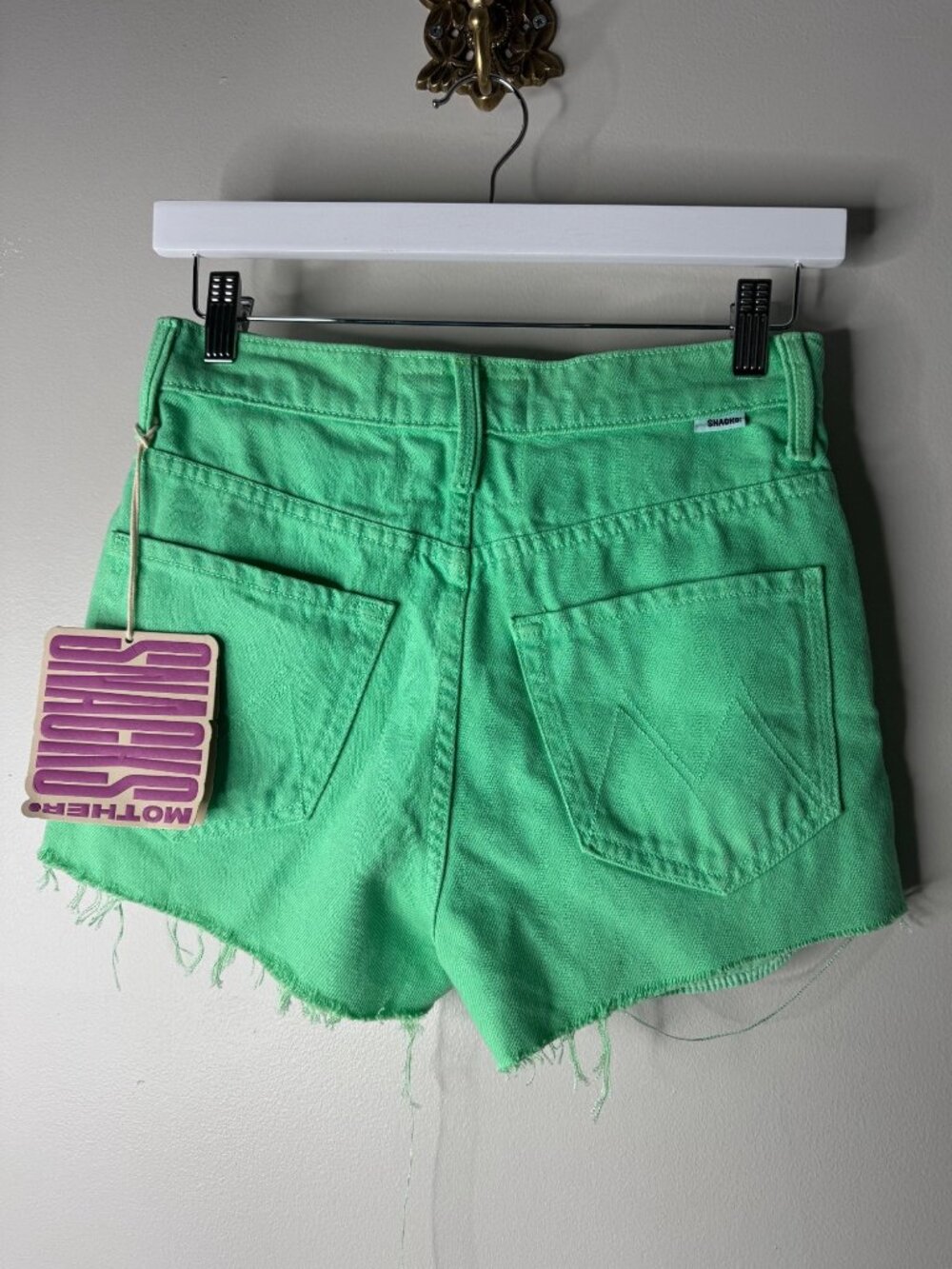 Mother Snacks Green Denim Shorts The Fun Dip Micro Cut High Rise Size 25 NEW - Picture 4 of 7